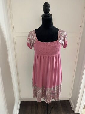 Pink Smocked Mini Dress with Floral Trim